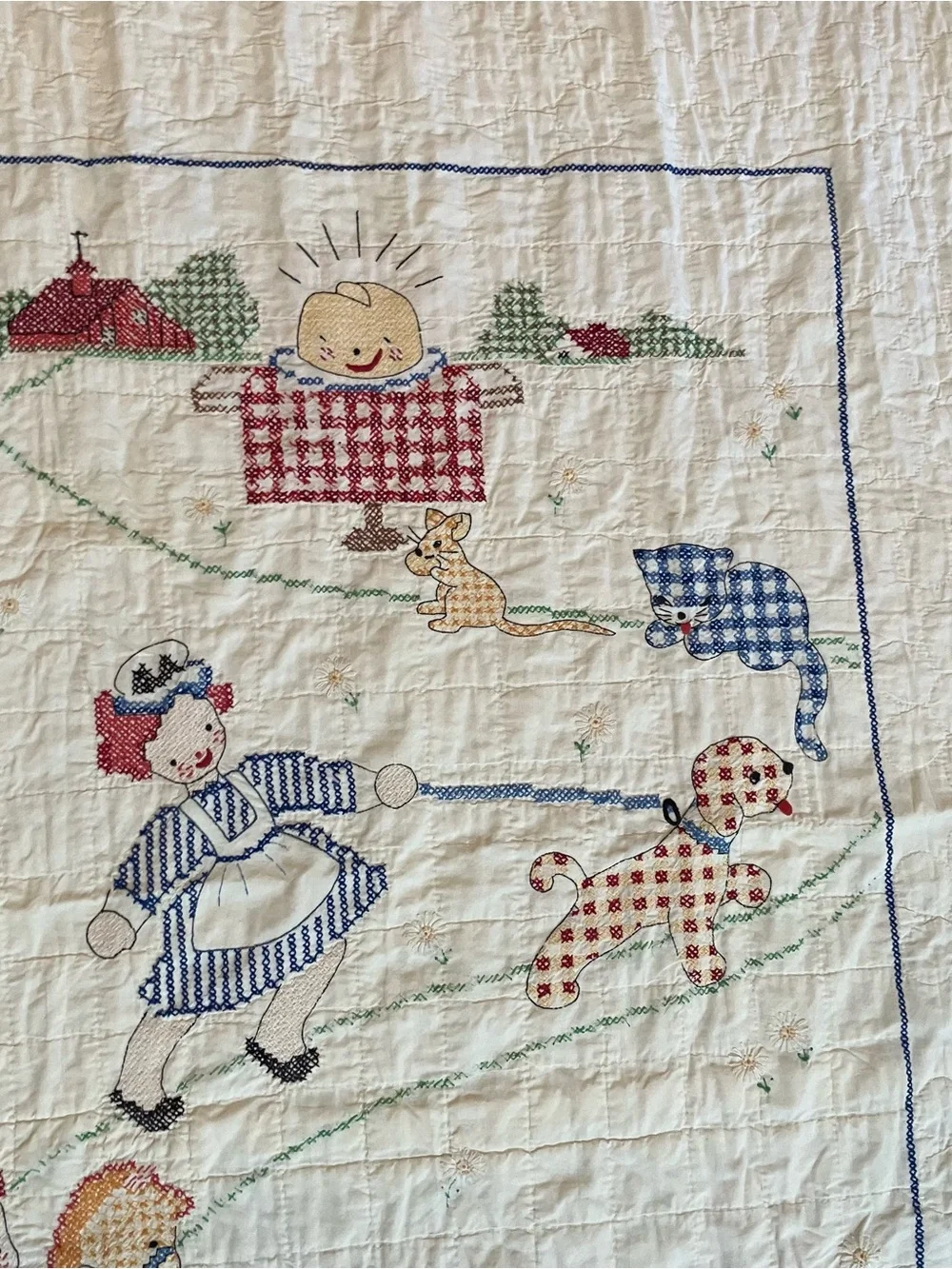 VTG 1940s Raggedy Ann Baby Crib Blanket Hand Embroidered Quilted 52”X 34.5”